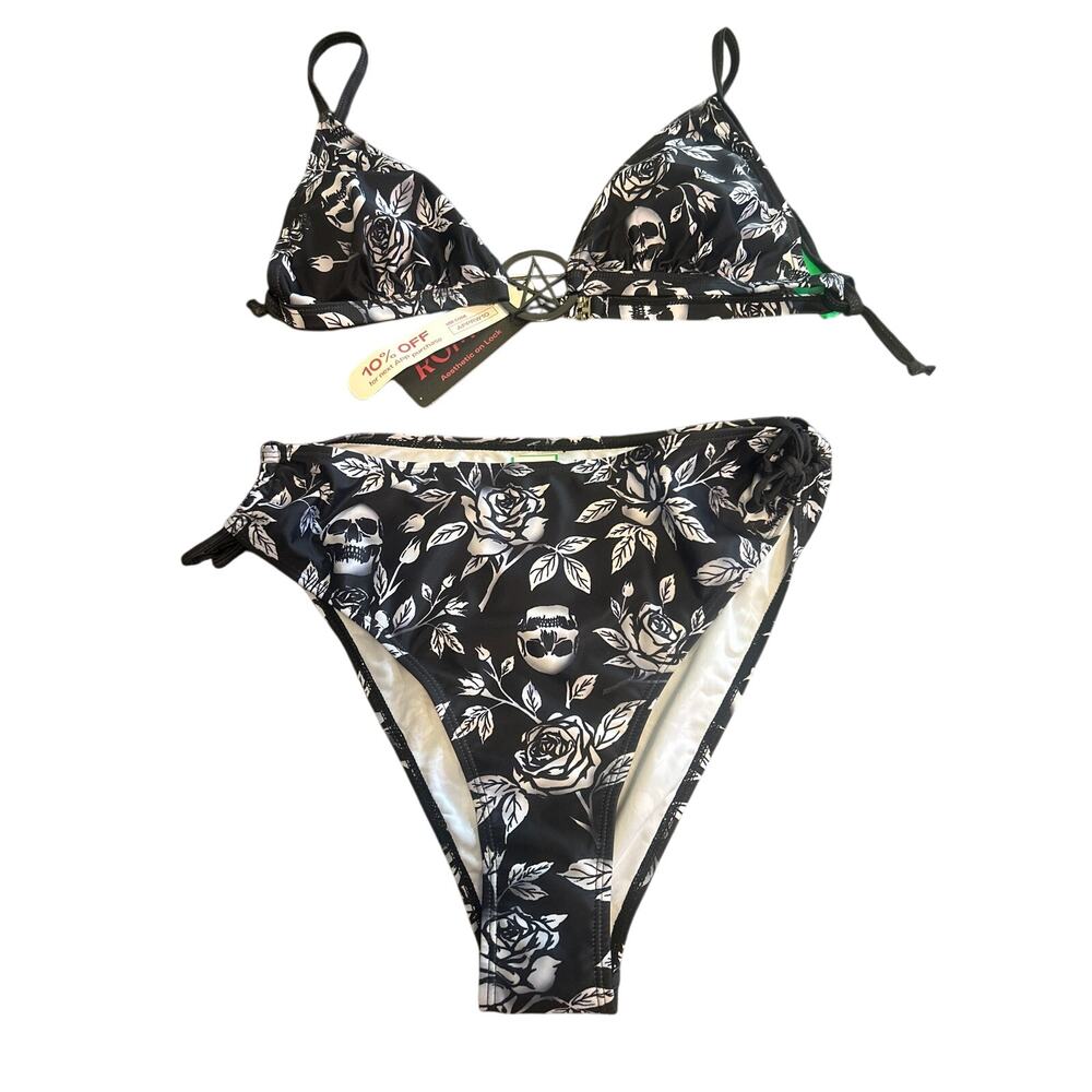 Romwe Skeleton Floral Whimsigoth Goth Two-piece Swimsuit Large 8/10 NWT